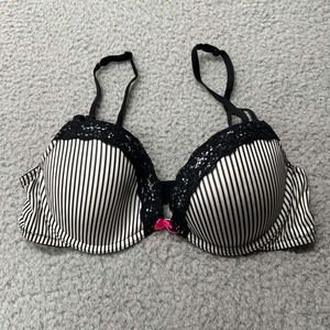 Senza Bra 32C Push Up Bra  Padded Pinstripe Lace Trim Plunge Super Sexy